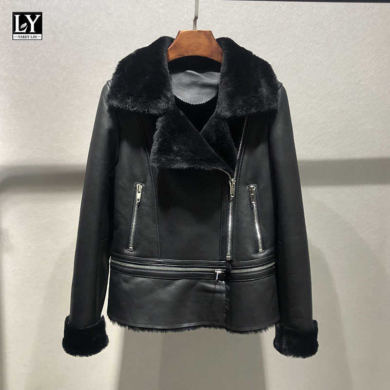 

LY VAREY LIN winter women Motorcycle Zipper Hem Detachable Outerwear Thicken Faux Leather Lamb Fur Jackets Sheepskin Coats 210526, Black