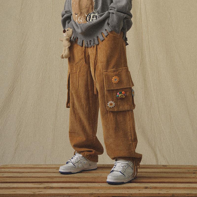 

Japanese Streetwear Corduroy Pants Male Vintage Brown Cargo Pockets Oversized Korean Wide Leg Hip Hop Trousers