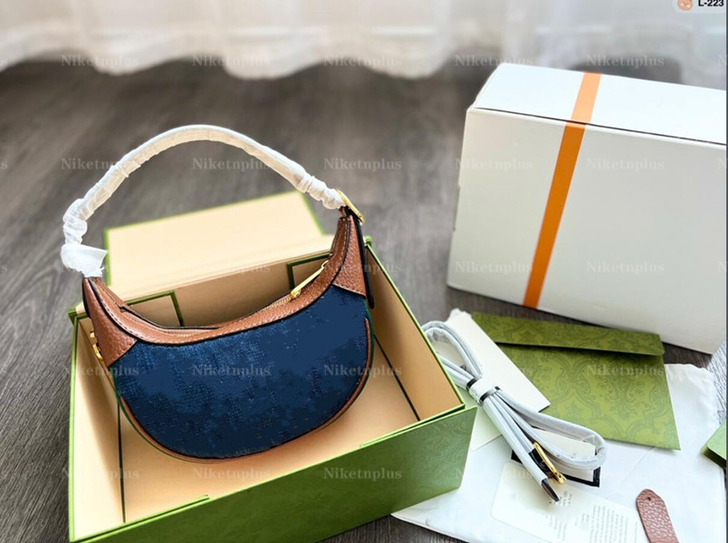 

Ophidia Loop Half-Moon Baguette Bay Mini Underarm Bag Monograms Flower Handbag 2022 Designer Women Cowhide Weave Navy-Blue Denim Canvas Cross Body Bag, #1