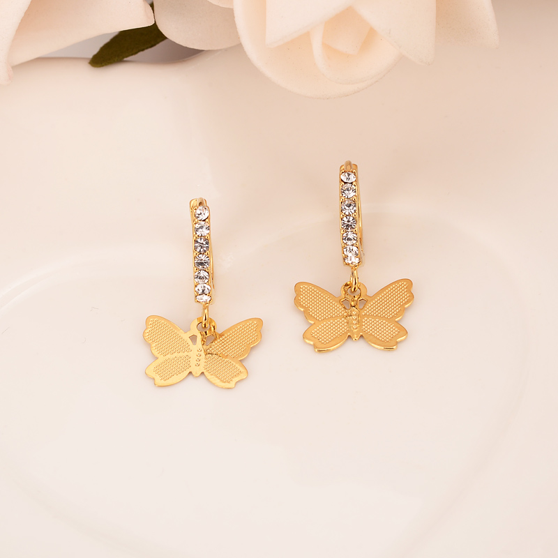 18 k Fashion Solid Fine gold Earring cz Women Drop Dangle Earrings Charms Jewelry butterfly Vintage girls-image-678700239