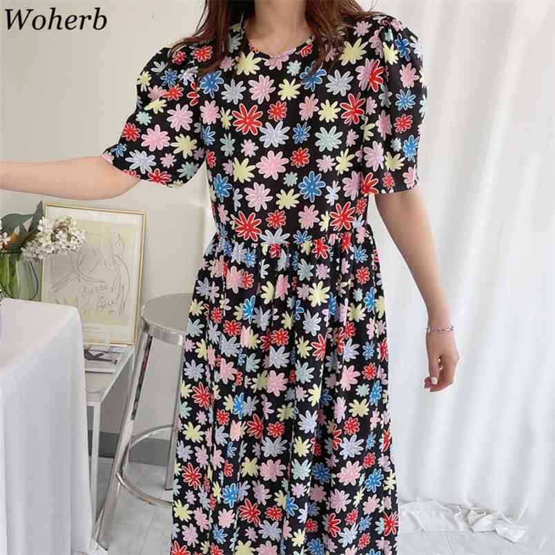

Vestido De Mujer Korean Dress Women Chic Summer Fresh Print O Neck Loose Robe Casual Puff Sleeve Big Swing Maxi Dresses 210519, Photo color