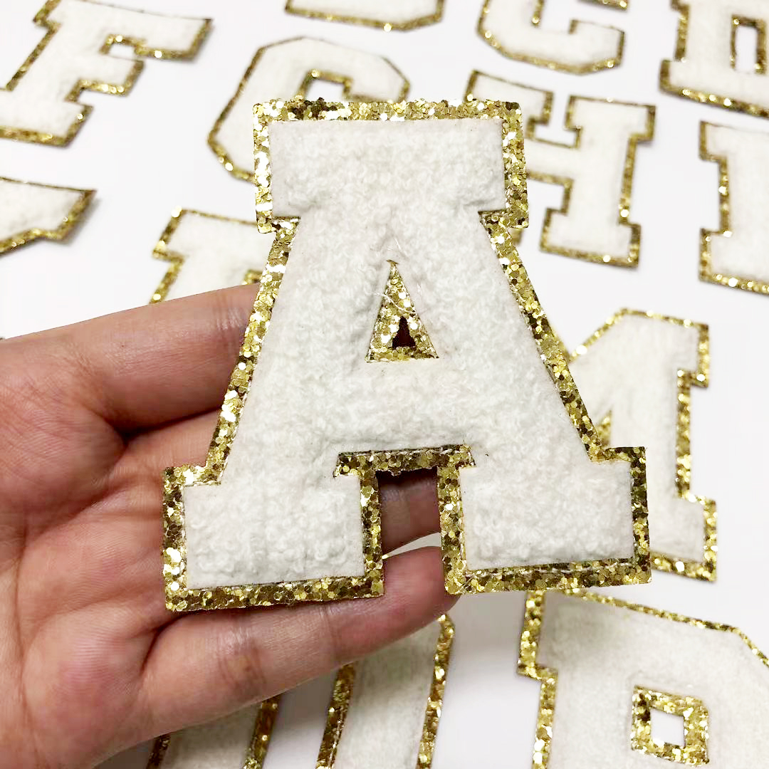 

White Letters with Gold Glitter Chenille Fabric Patches Towel Embroidery Rainbow Gritt Alphabet Iron on Sticker Name Clothing DIY Lovely Bag Badge