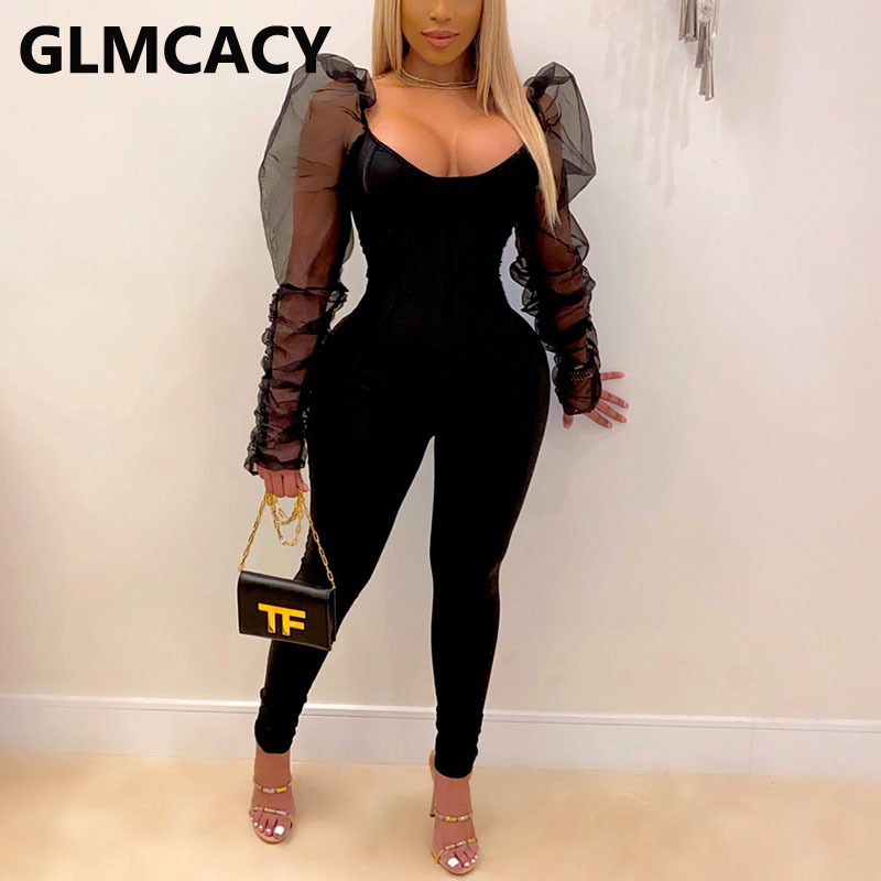 

Women Mesh Puff Sleeve Solid Jumpsuits Sexy Skinny Chhic Party Club Jumpsuit, Black