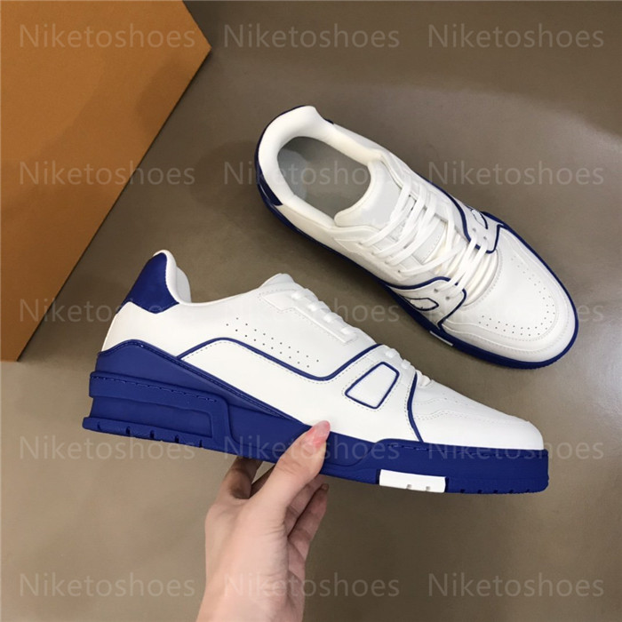 

Mens Trainer Casual Shoes Monograms Designers Mans Black Leather Flat Bottom Sneakers White Blue Eembossed Sneaker Trainers Chaussures, 01