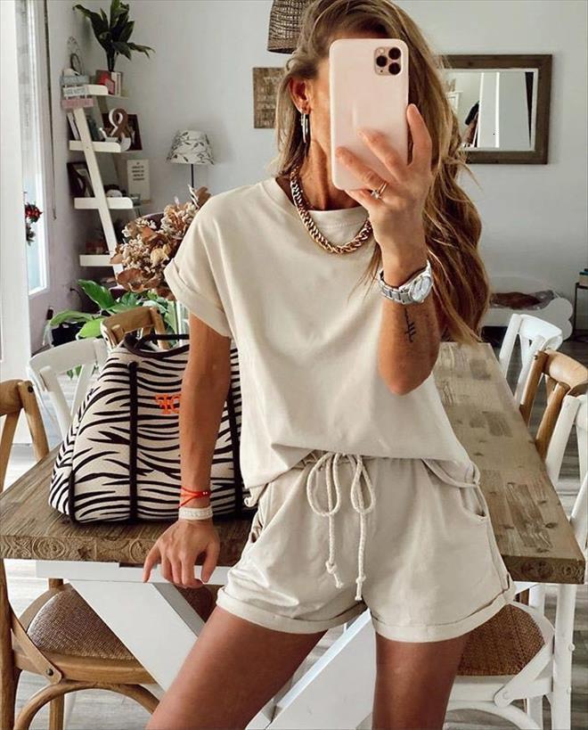 

casual solid two piece suit women tracksuits summer elastic waist color leisure pajamas set 2 o neck, Gray