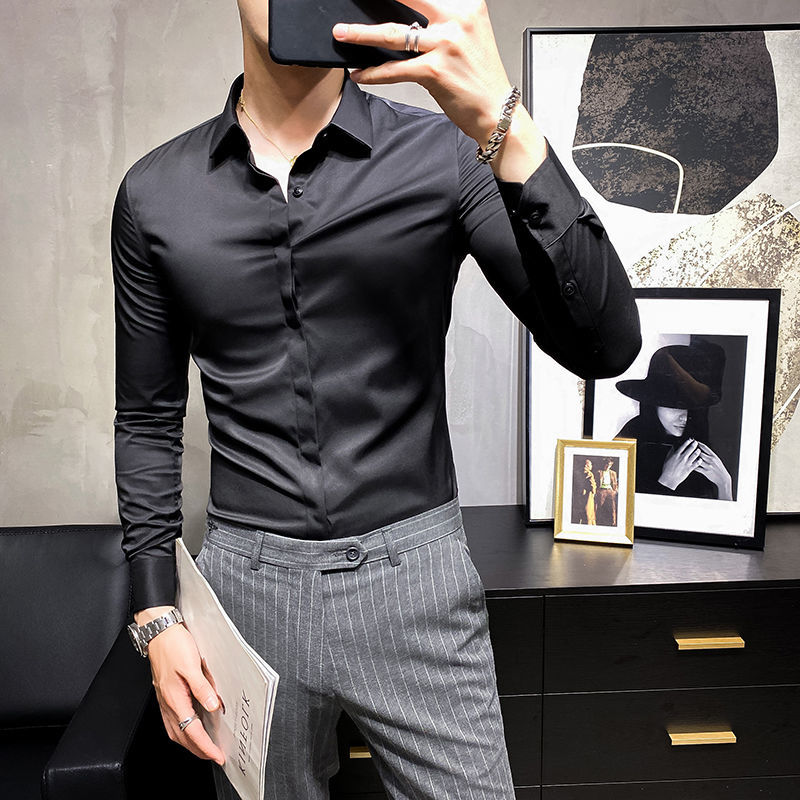 

Fall Winter British Men 8 Solid Color Long Sleeve Shirt Slim Shirt Dark Green Camisa Social Masculina Pink Black Men Dress Shirt 210410, White;black