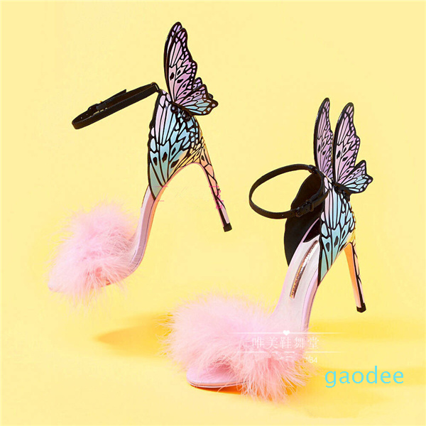 

Sophia Webster Summer Winged Butterfly Party Thin High Heeled Sandals 2018 Pink Fur Female Wedding Sandals Multi Color Dress Prom Sandals