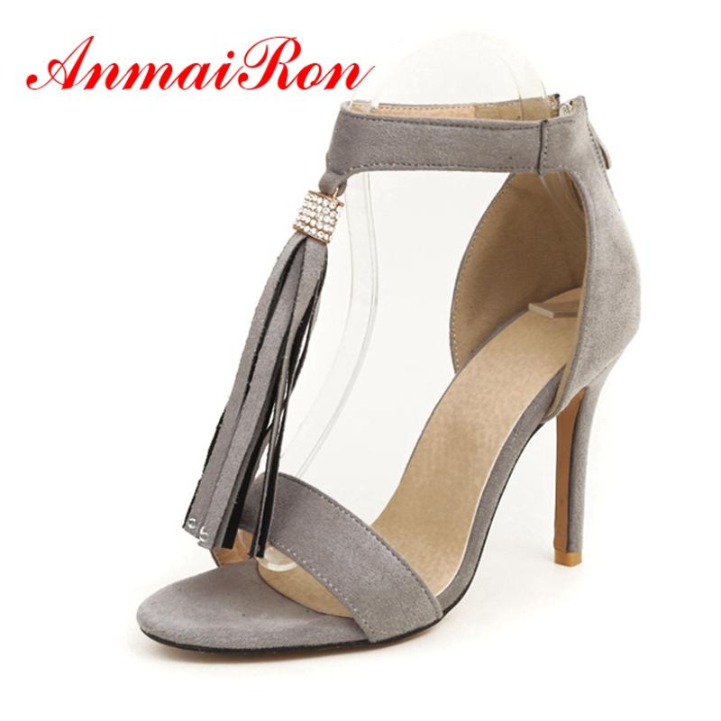 

High Heels Sandals Tassel Women Shoes Flock Summer Open Toe Thin Zipper Big Size 34-43 T-strap CR139, Black