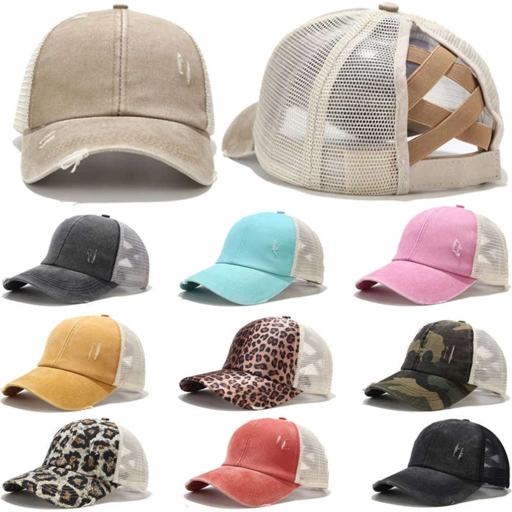

Ponytail Hat Washed Mesh Back Leopard Camo Hollow Criss Cross Ponytail Messy Bun Baseball Cap Girls Trucker Hat, Blue;gray