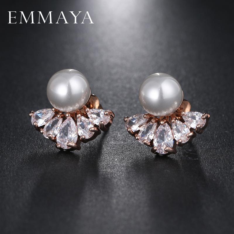 

Stud EMMAYA Brand Elegant White Flower Imitation Pearl Cz Earrings For Women Cute Fashion Crystal Jewelry, Golden;silver