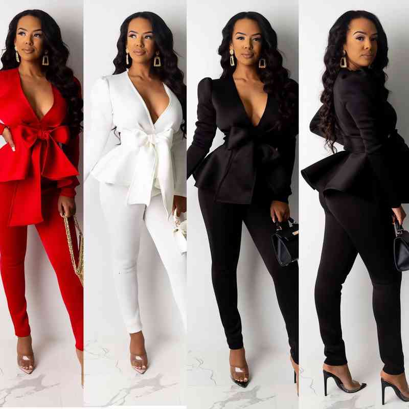 

women winter womens set tracksuit ruffles bow blazers pants suit 2 two piece set office lady business uniform outfits, White