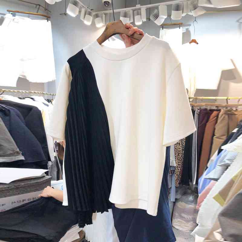 

VANOVICH Korea's Spring Summer Women Loose Irregular Stitching Pleated Round Collar T-shirt Women's Top 210615, Black