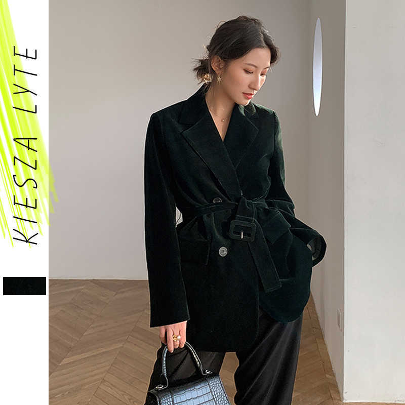 

Vintage Green Corduroy Jacket England Style Solid Sashes Blazer Feminino Office Lady Outfit High Street Coat 210608