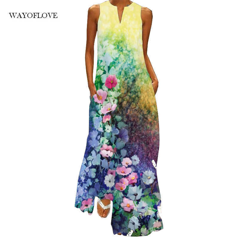 

WAYOFLOVE Floral Print Beach Maxi Dress Women Elegant Casual Plus Size Long Dresses Summer Woman Sleeveless Girl Robe Dress 210602, Vlcq-81