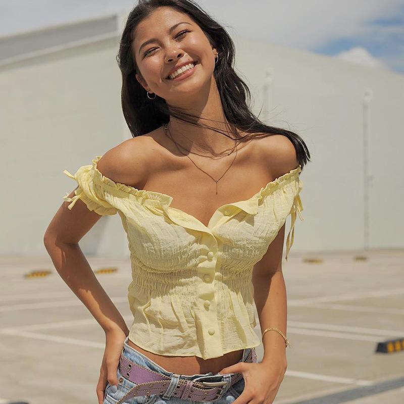 

Women' Blouses & Shirts Elegant Bow Sashes Women Off Shoulder Button Up Womens Tops And Short Sleeve Slim Camisas Mujer Blusas De