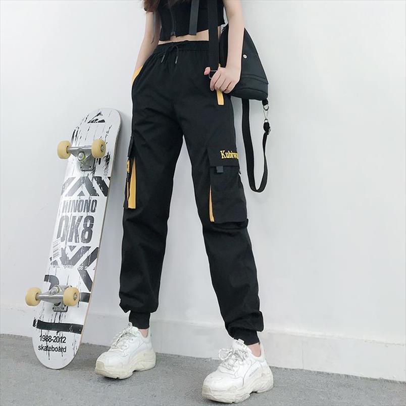 

cargo fashion streetwear womens pant ankle length elastic waist drawstring loose trousers casual joggers, Black;white