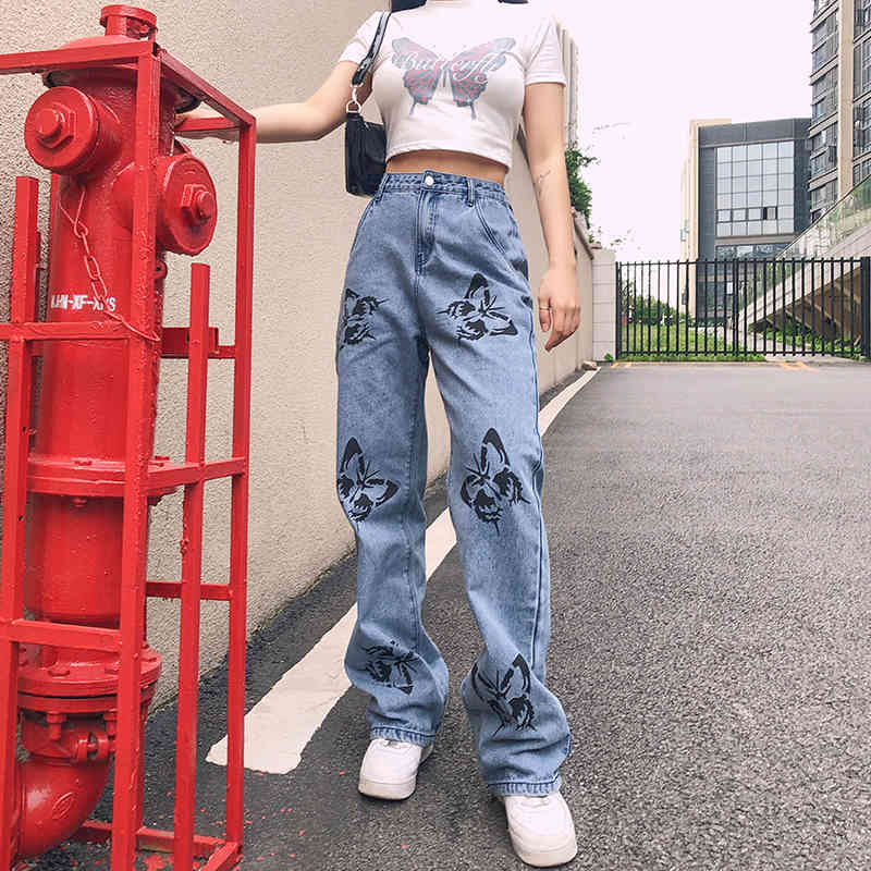 

women's jeans shengpalae butterfly design denim women korean fahion high waist wide leg pants casual loose plus size streetwear za4110, Blue