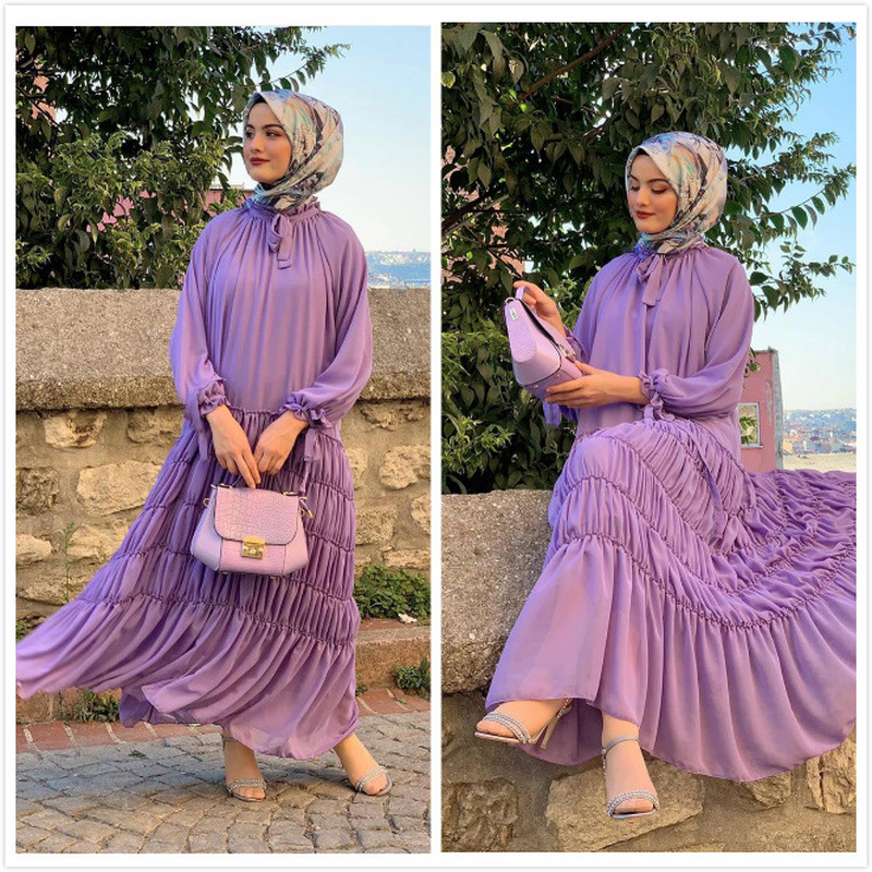 

Fashion Muslim Chiffon Pleated Dress Dubai Arab Abaya Turkey Moroccon Kaftan Islamic Clothing India Gown Robe Vestidos Femme