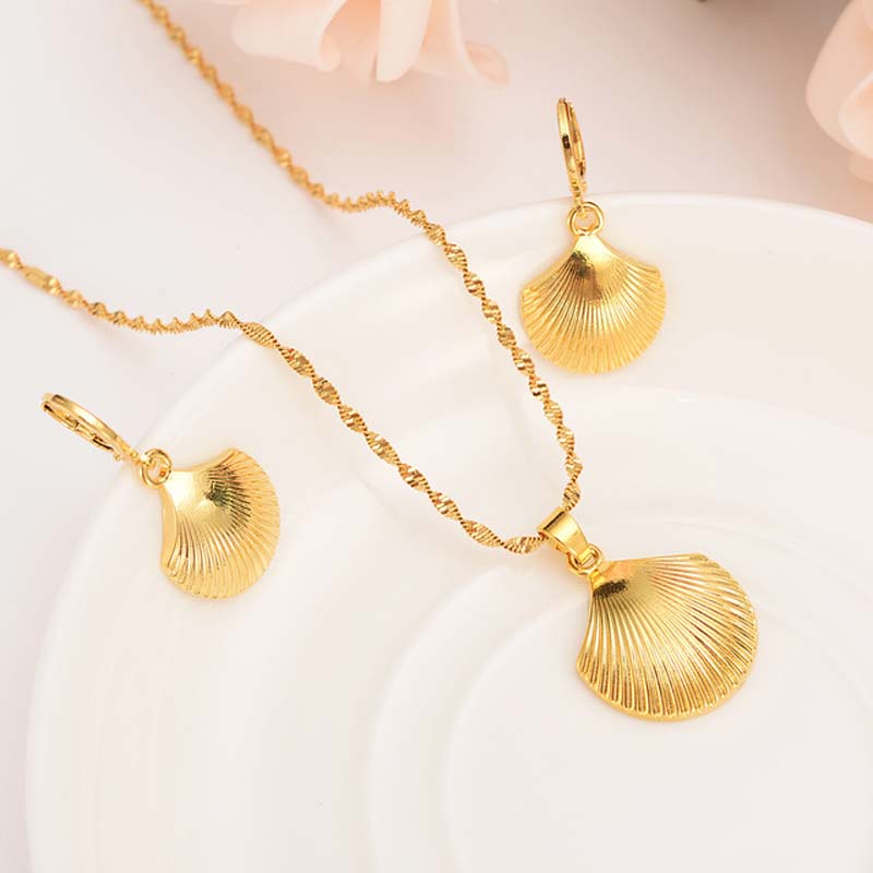 Africa 18 k Solid G/F Gold Fine cute shell Necklace earrings Trendy Jewelry Charm Pendant Chain Animal Lucky sets-image-678462348