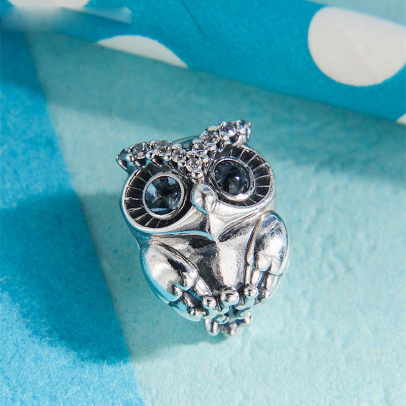

100% 925 Sterling Silver Sparkling Owl Animal Charm Bead with Blue Cz Fits European Jewelry Charm Bracelets