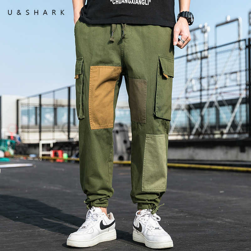 

U&SHARK Patch Design Streetwear Fashion Men Cargo Pants Multi Pockets Big Baggy Trousers Male Summer Autumn Hip Hop Pants 210603, Khaki