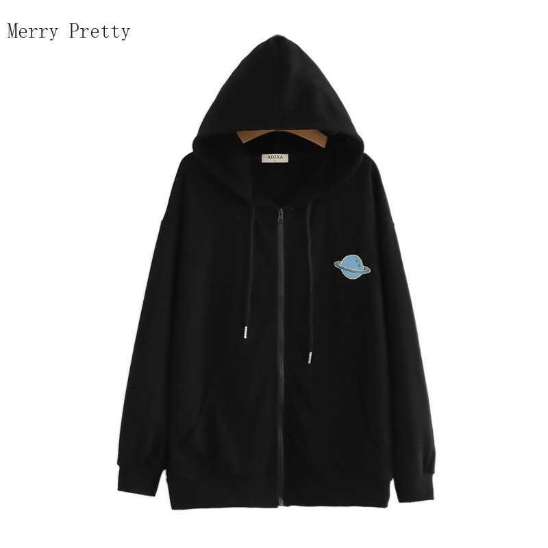 

Harakuju Planet Embroidery Women Zip Up Hoodies Cotton Pocket Hooded Sweatshirts Summer Long Sleeve Black Casual Loose Tops 210526