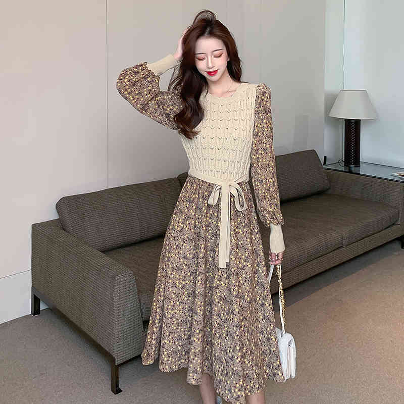 

Fashion Products Autumn Chic Retro Gentle Wind Knitting Stitching Bandage Floral Dress Women 210429, Blue