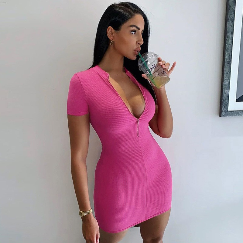 

2020 Sexy Women Deep V-neck Front Zipper Dress Short Sleeve Bodycon Slim 2020 New Women Dress Color Short Mini Pencil Dress, Black;gray
