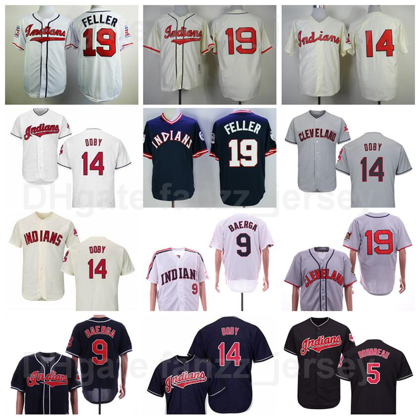 

Retro Baseball 5 Lou Boudreau Jersey 19 Bob Feller 21 Lemon 14 Larry Doby 9 Carlos Baerga Navy Blue White Red Grey Beige Stitched 1902 1974 1976 1993 1995 Vintage