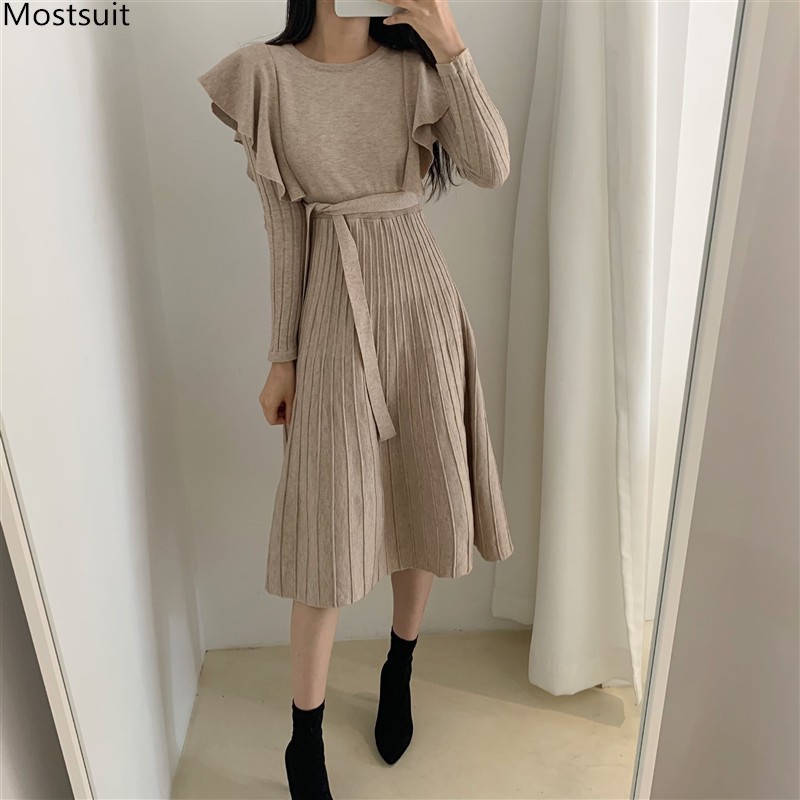 

Autumn Winter Women Vintage Knitted Dress Korean Long Sleeve Ruffle Tunic Sashes Bodycon Sweater Dresses Vestido Mujer 210518, Black