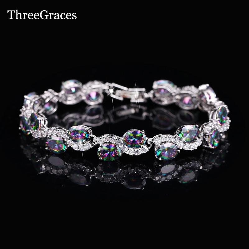 

Charm Bracelets ThreeGraces Exquisite S Shape Silver Color Zirconia Pave Colorful Austrian Crystal For Women Party Jewelry BR028, Golden;silver