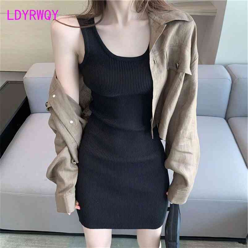 

Summer style vest sling bottoming women sleeveless knitted hip dress Office Lady V-Neck Knee-Length 210603, Yellow