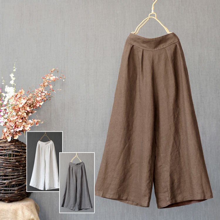 

2021 solid color linen pants women's spring summer autumn loose literature and art cotton hemp wide leg pants casual pants Capris, Black;gray
