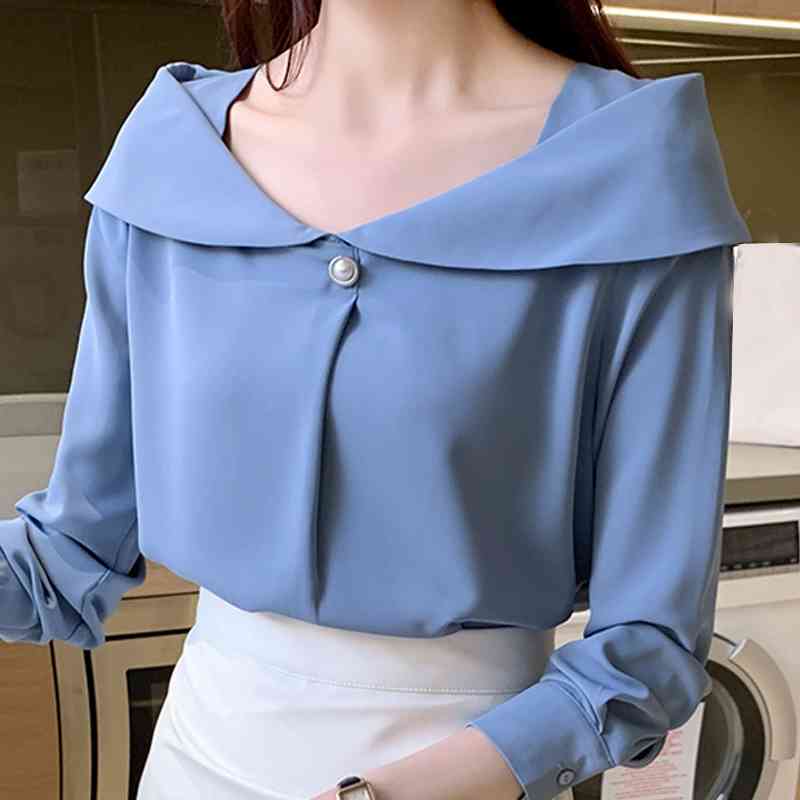 

Autumn Long Sleeve Blouse Women Blusas Mujer De Moda Slash Neck Chiffon Blouse Shirt Tops Women Blouses Shirts Blusa D657 210602, Blue