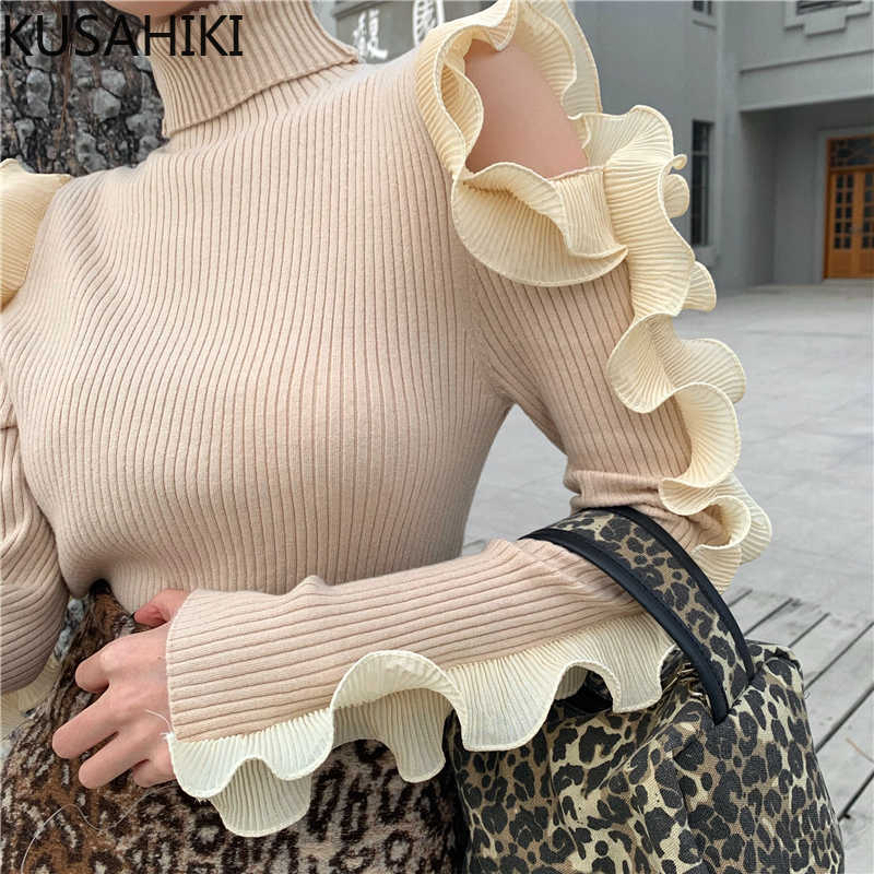 

Turtleneck Pullover Women Sweater Korean Ruffle Patchwork Knitted Tops Long Sleeve Sexy Strapless Pull Femme 6E244 210603, Black