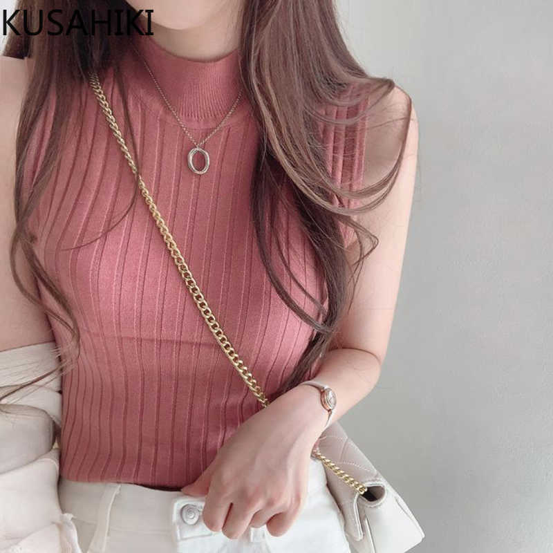 

KUSAHIKI Korean Elegant Stand Neck Sleeveless Knitted Tank Tops Sexy Slim Women Camis Summer Solid Tanks 6H833 210602, White