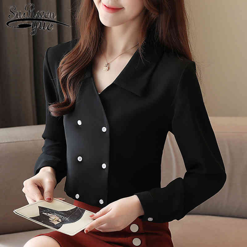 

Sexy V-neck Chiffon Shirt Tops Solid Long Sleeve Vintage Female Clothes Blusas Mujer De Moda Autumn Women 6840 50 210521, Red