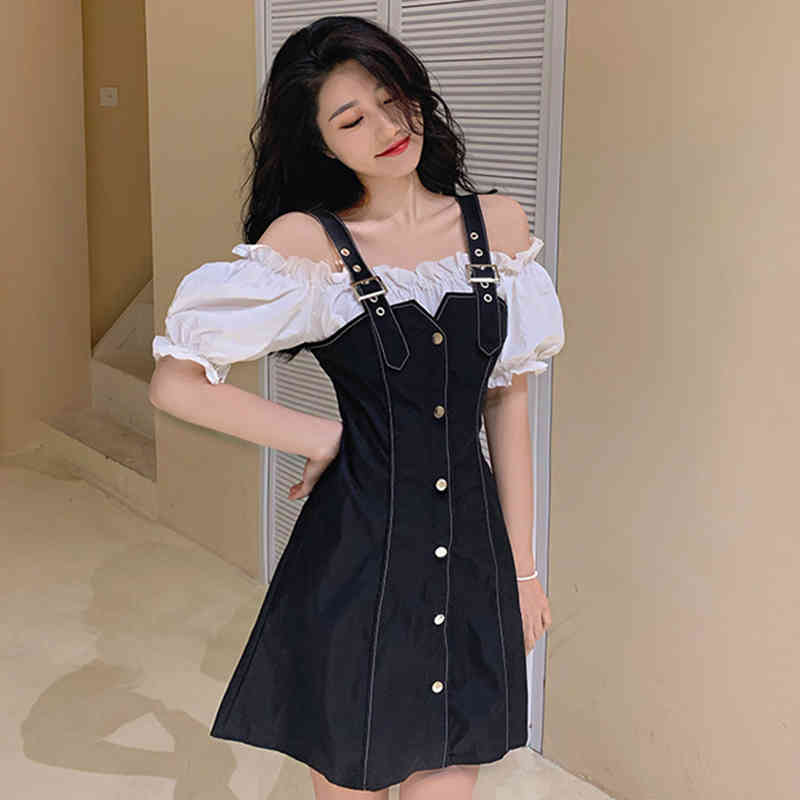 

Lucyever Korean Casual Ruffles Slash-neck Mini Dress Women Summer Puff Short Sleeve Dresses Woman Fashion Straps Vestidos Ladies 210521, Pu pian se