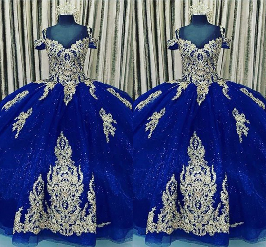 

2021 Gold Floral Appliques Quinceanera Dresses Sweet 16 Girls Cold Shoulder Lace-up Sparkly Tulle Ball Gown Pageant Party Evening Gowns, Yellow