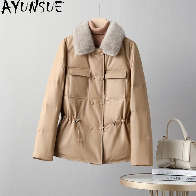

Women's Leather & Faux AYUNSUE Down Jacket Winter 2021 Genuine Sheepskin Women Real Collar Coat Lederjacke Damen 1222, Black