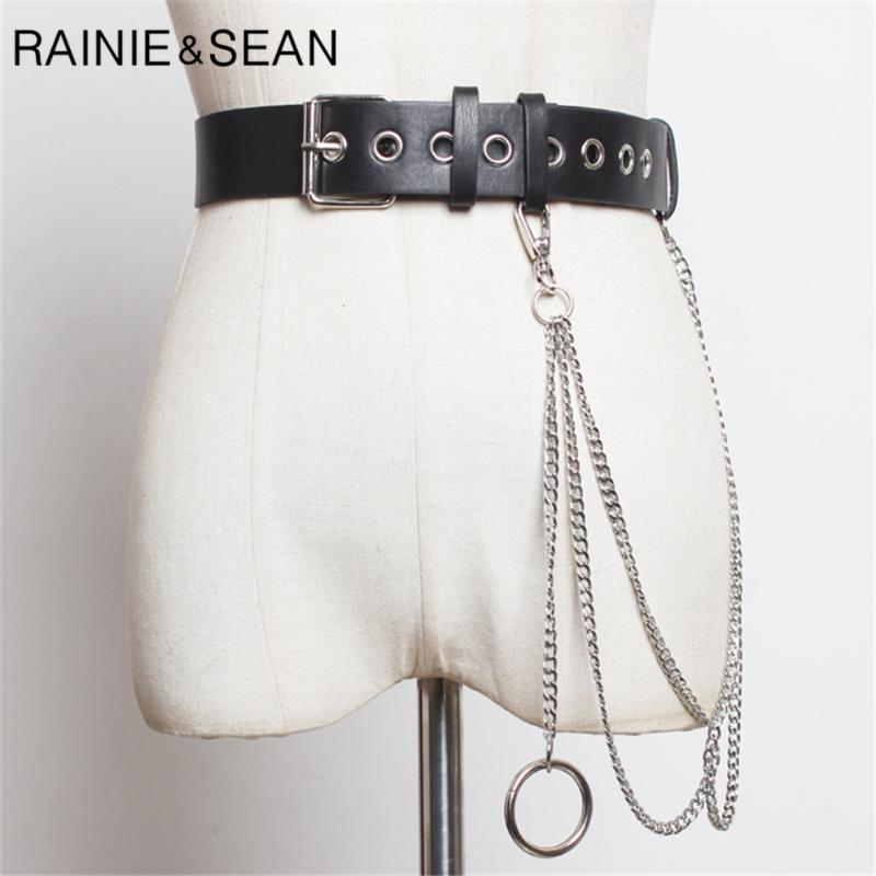 

Punk Women Belt With Chain Rivet Pin Buckle Ladies Waist Apparel Accessories 101cm Belts, Black