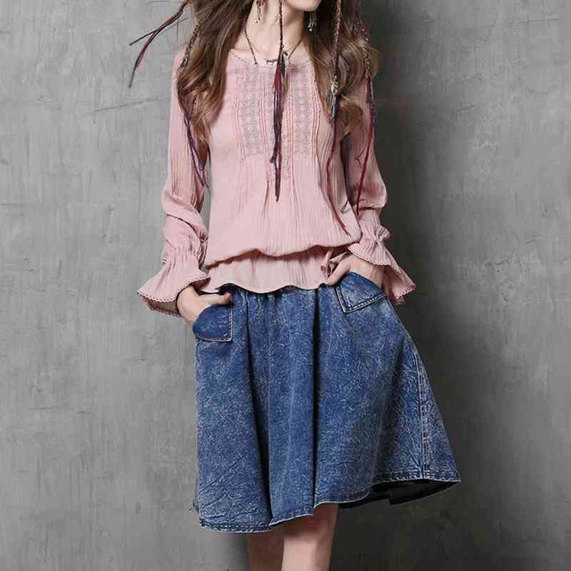 

Ruffles Loose Casual Soft Blouses for Women Vintage Embroidery O-neck Shirts Elegant All-match Female Tops Spring 210525, Pink