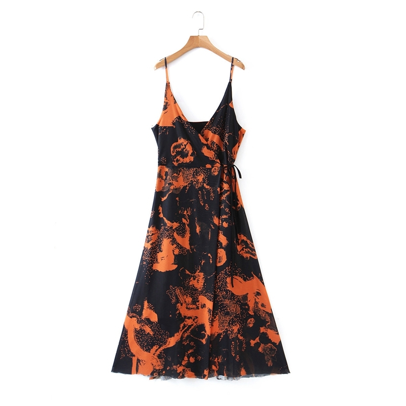 

Summer Elegant Floral Spaghetti Strap Blackless Dress Sleeveless Lace Up Wrap Mid Calf Party Vacation Beach Women XZ2590 210525, Orange