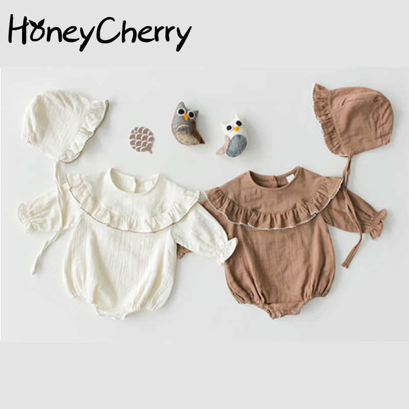 

Spring Baby Bodysuits Edition Korean Baby Lotus Leaf Collar Long Sleeved Dress Girl Bag Fart Clothes Climbing Suit 210701, Brown