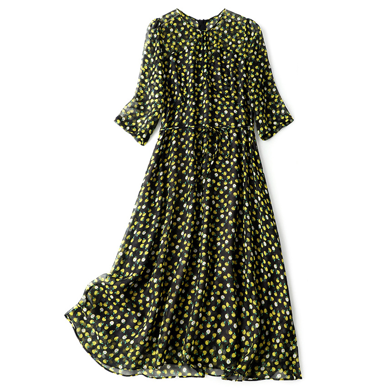 

100% Natural Silk Women's Dresses O Neck 3/4 Sleeves Fruits Printed Lace Up Waist Elegant Mid Calf Dress Vestidos, Multi