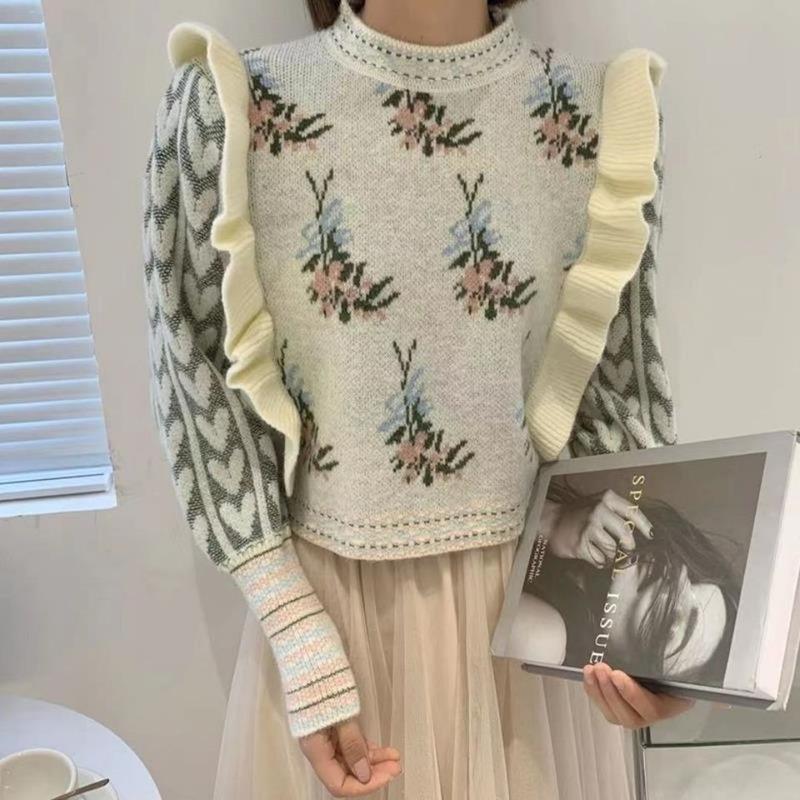 

Women's Sweaters Retro Sweet Autumn Round Flower Jacquard Sweater Women Pullovers Pull Femme Long Sleeve Ruffled Knitted Tops Elegant Korea, White;black