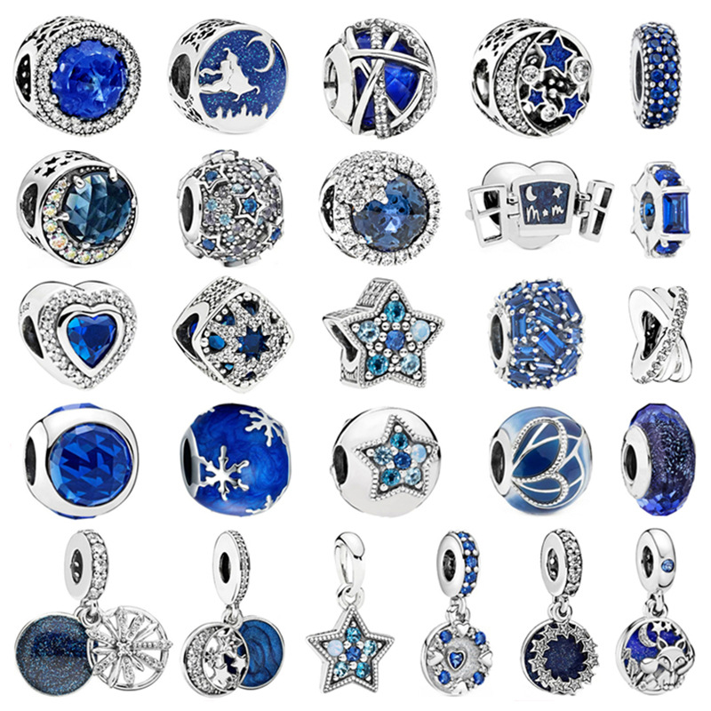 

NEW 100% Sterling Silver 925 Bright Stars and Stars Pendant Blue Charms Fit pandora Bracelet For Women Jewelry Gift