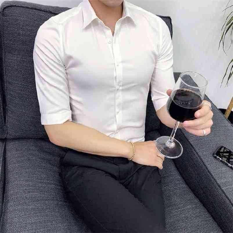 

British Style Shirt Men Spring Summer Half Sleeve s Casual s Slim Fit Simple All Match Business Dress 5XL-M 210721, Navy blue