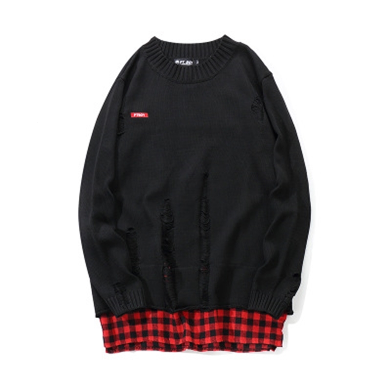 

Men's Sweaters Fashion-Mens Fashion Hole Warm Plaid Patchwork Black Autumn Winter Loose Street Male Pullover O Neck Tops 3ETI