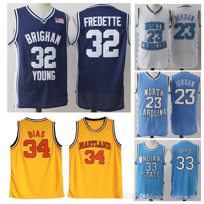 

Men NCAA Brigham Young Cougars 32 Jimmer Fredette Maryland Terps 34 Len Bias ISU Indiana State Jerseys Bird, Black;red